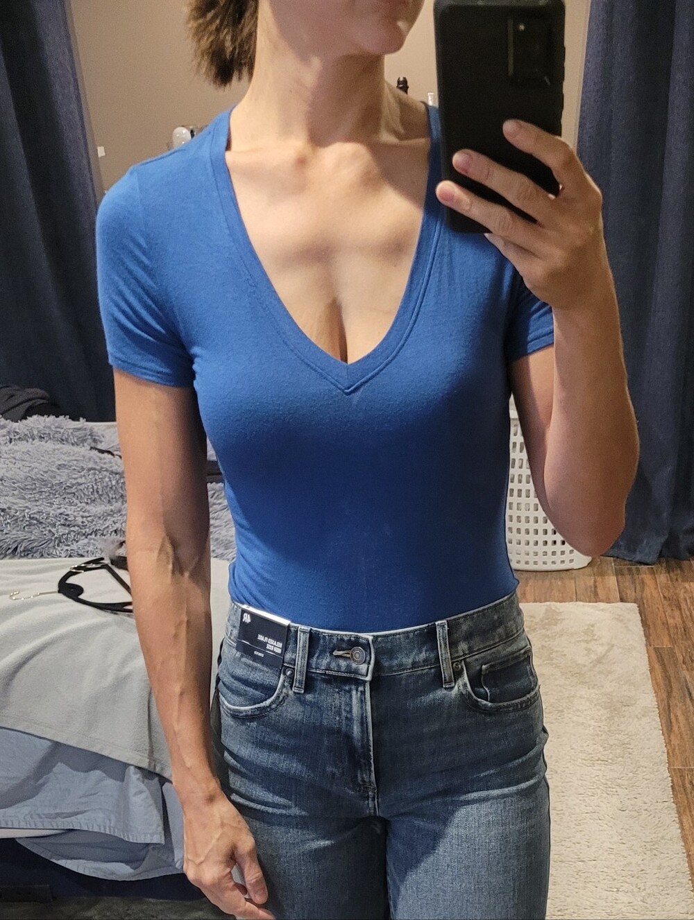 Gianni Bini Blue V-Neck Short Sleeve Thong Bodysuit